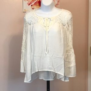 Mudd Long Sleeve Blouse with Lace Top and Sleeves, Flared Cuffs